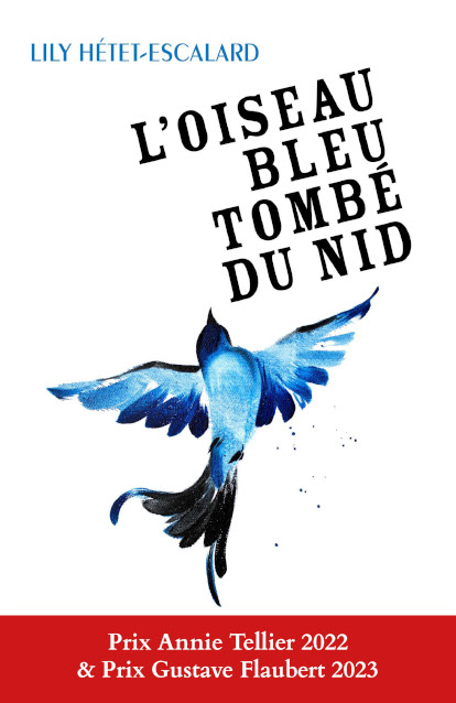Couverture du livre L'Oiseau bleu tombé du nid : aquarelle d'un oiseau bleu surligné de noir s'envolant les ailes écartées